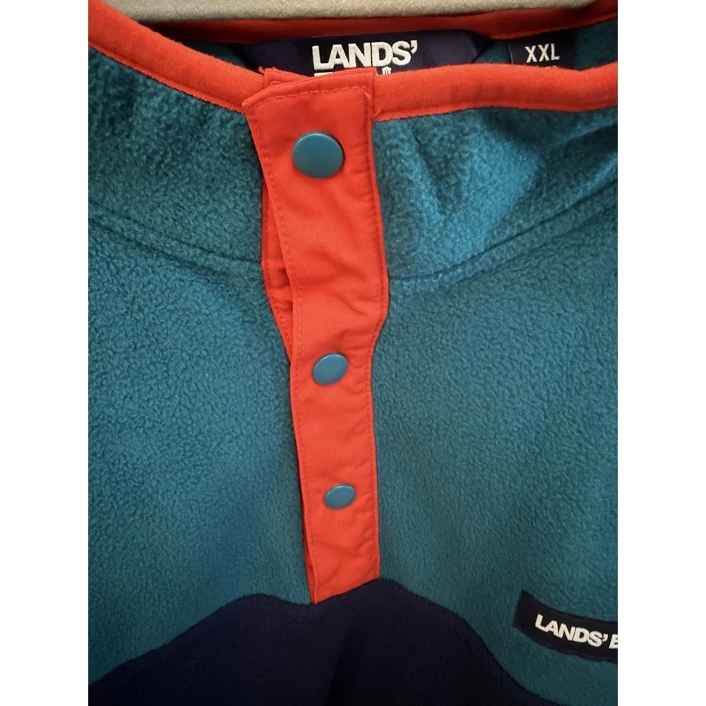 Lands'‎ End Pullover Men's XXL Heritage Fleece Snap Neck Teal/Navy Color Block